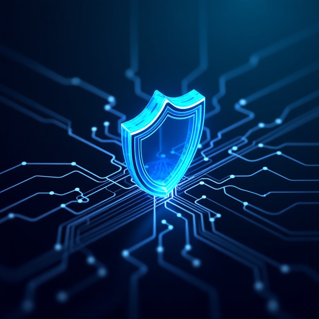 Abstract representation of a digital security shield protecting data flow, dark background with glowing circuit lines, professional technology photography style, 4:3 aspect ratio.