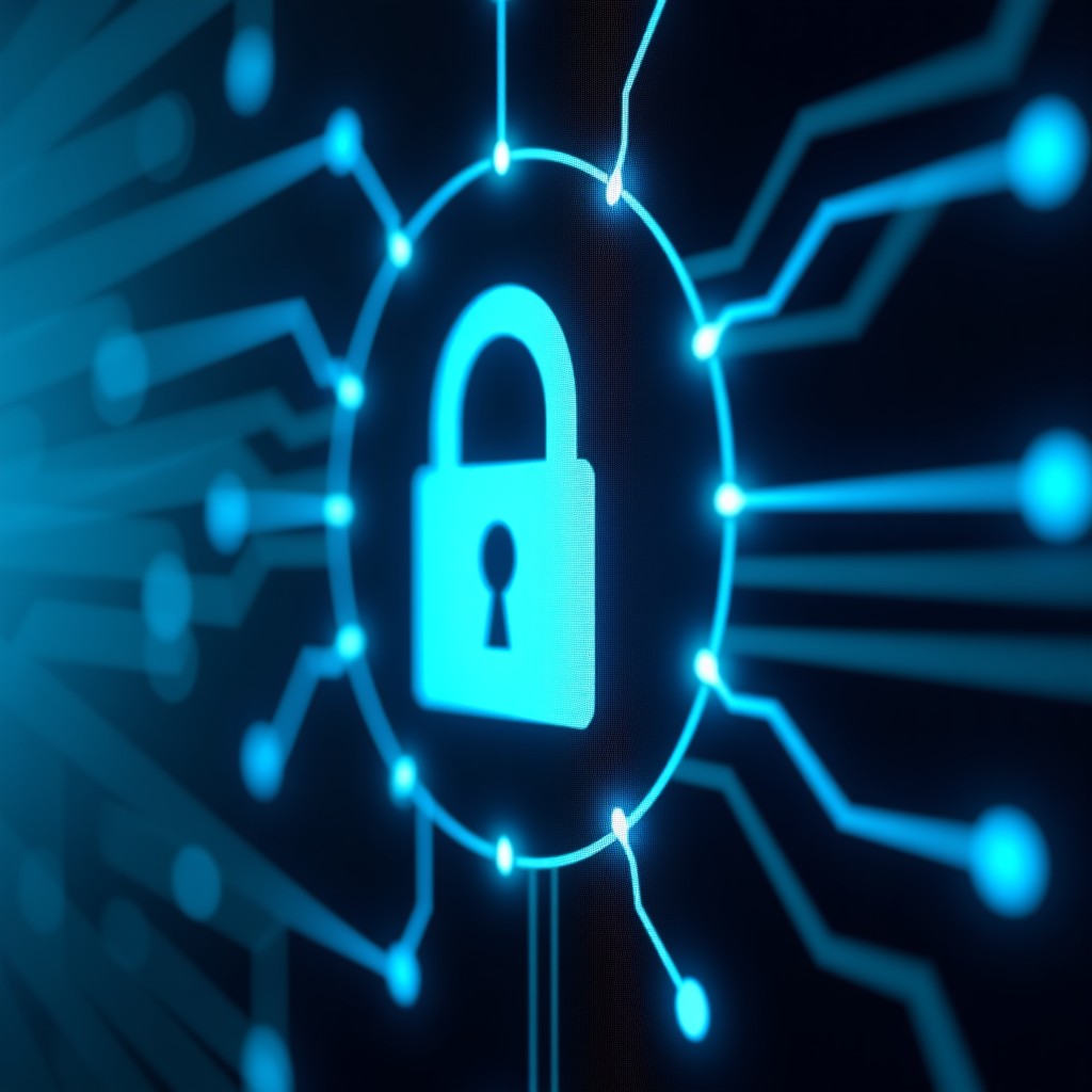 Close up shot of a secure digital lock icon on a screen with abstract light beams, modern cyber security atmosphere, detailed composition, 4:3 aspect ratio.