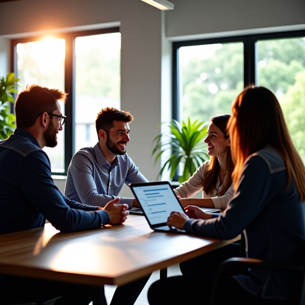 A professional marketing team sitting around a desk with tablets and laptops discussing strategy, warm indoor lighting, modern office, natural setting, 4:3 aspect ratio.