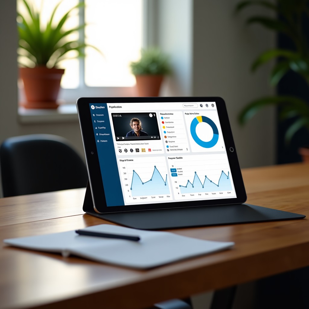 Realistic shot of a creative studio environment with digital tablet showing analytics of a short video, modern workspace, bright and balanced lighting, 4:3 aspect ratio.