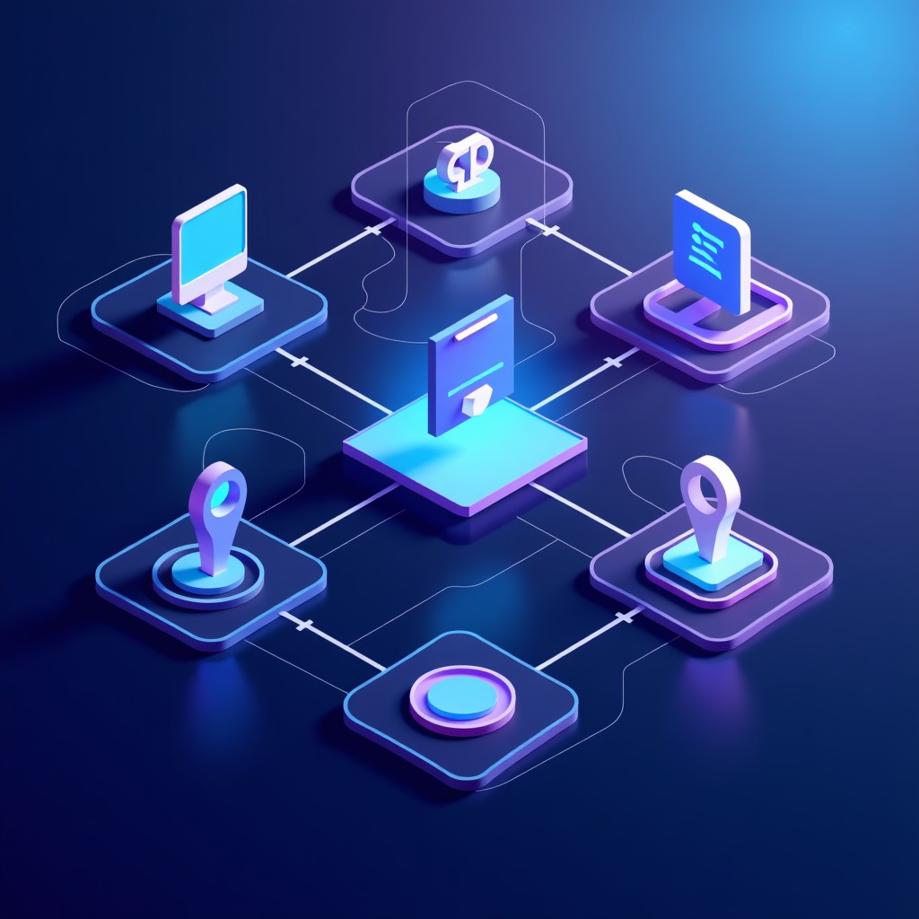 Abstract representation of digital interconnected platforms, clean modern infographic style, high contrast, gradients of blue and purple, 4:3 aspect ratio.