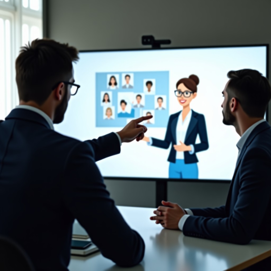 A professional meeting room setting, close up of a person explaining a project on a screen, minimalist professional interior, bright and balanced lighting, realistic style, 4:3