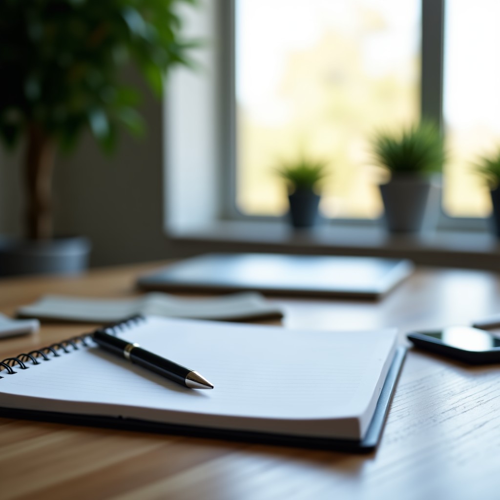A modern office desk with a notebook and a pen, soft focus background of a workspace, professional atmosphere, natural light, realistic style, 4:3