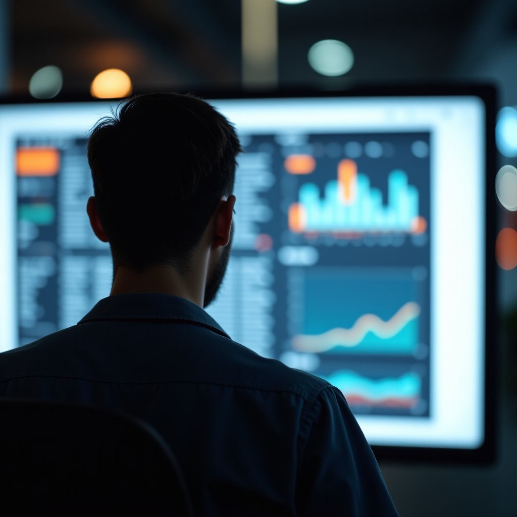 A person looking confidently at a bright screen, modern professional workspace, blurred city background, high quality photography, realistic style, 4:3