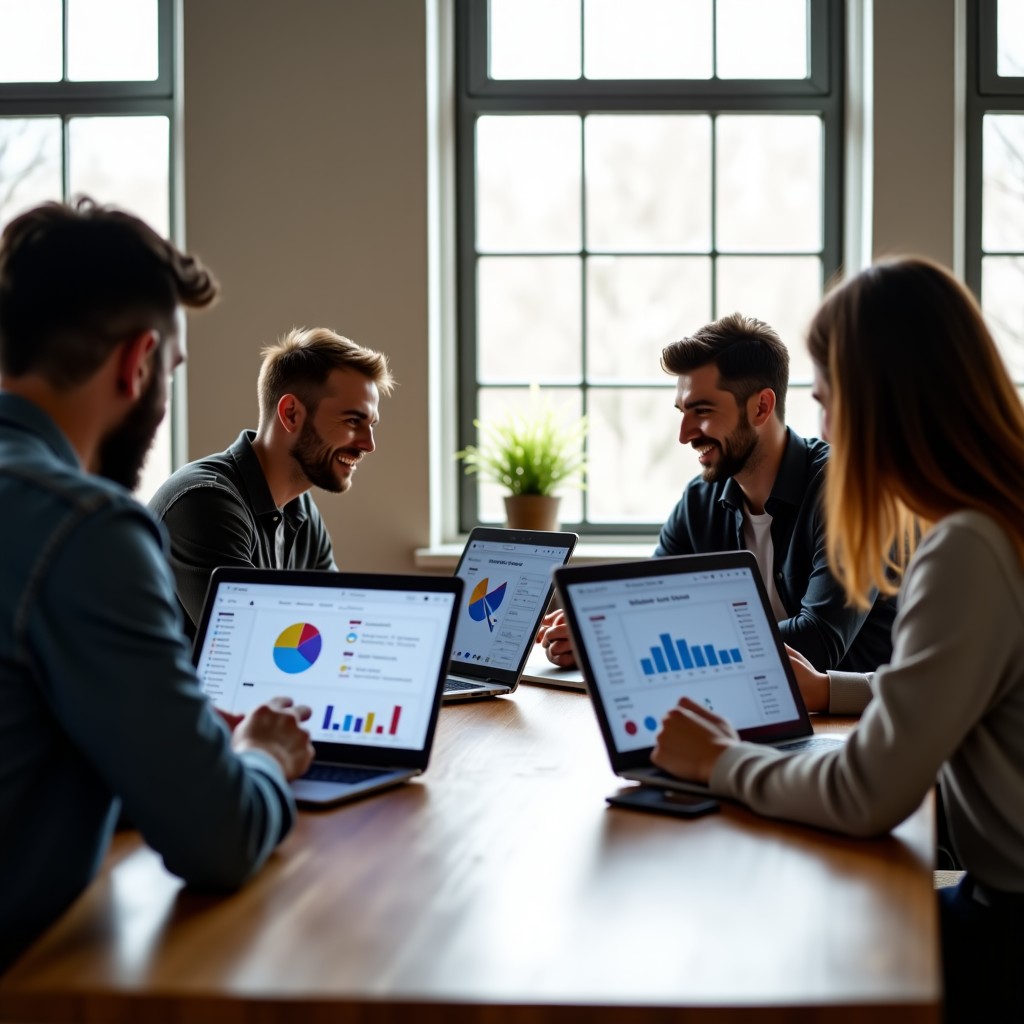 A creative team discussing business strategies around a wooden table with laptops showing digital marketing metrics, bright natural lighting, professional atmosphere, 4:3 ratio