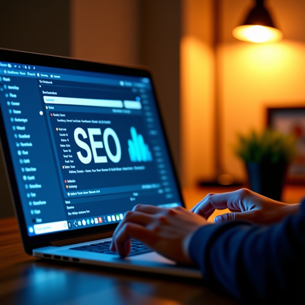 Close up of a person using a laptop with advanced SEO software interface, warm ambient lighting, focused desk setting, 4:3 ratio