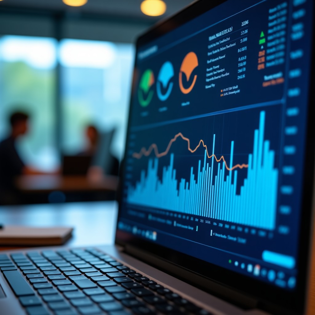 A detailed view of a professional analyzing digital charts on a high resolution screen, modern office environment, blurred background, 4:3 ratio
