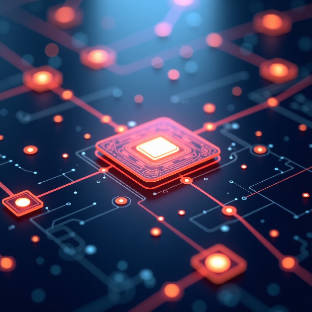 Abstract representation of security and digital infrastructure, layered glowing geometric shapes, tech-focused, depth of field, 4:3 aspect ratio.