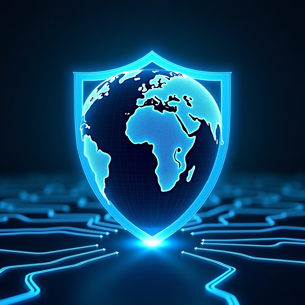Conceptual image of a globe interconnected with digital circuits under a protective shield, symbolizing the future of secure data infrastructure, professional style, 4:3 aspect ratio.