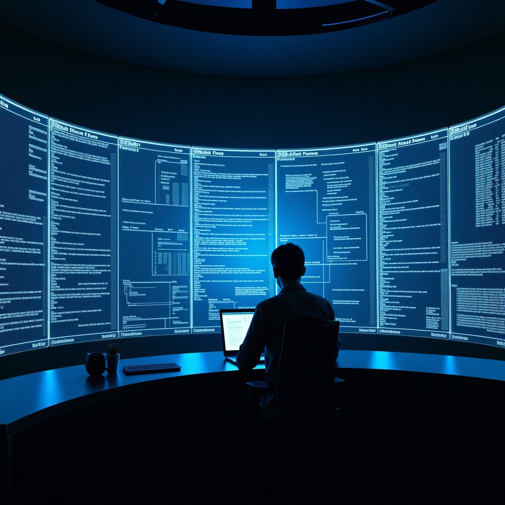 High-tech digital interface displaying complex data patterns and signal processing in a dark control room environment, realistic style, 4:3