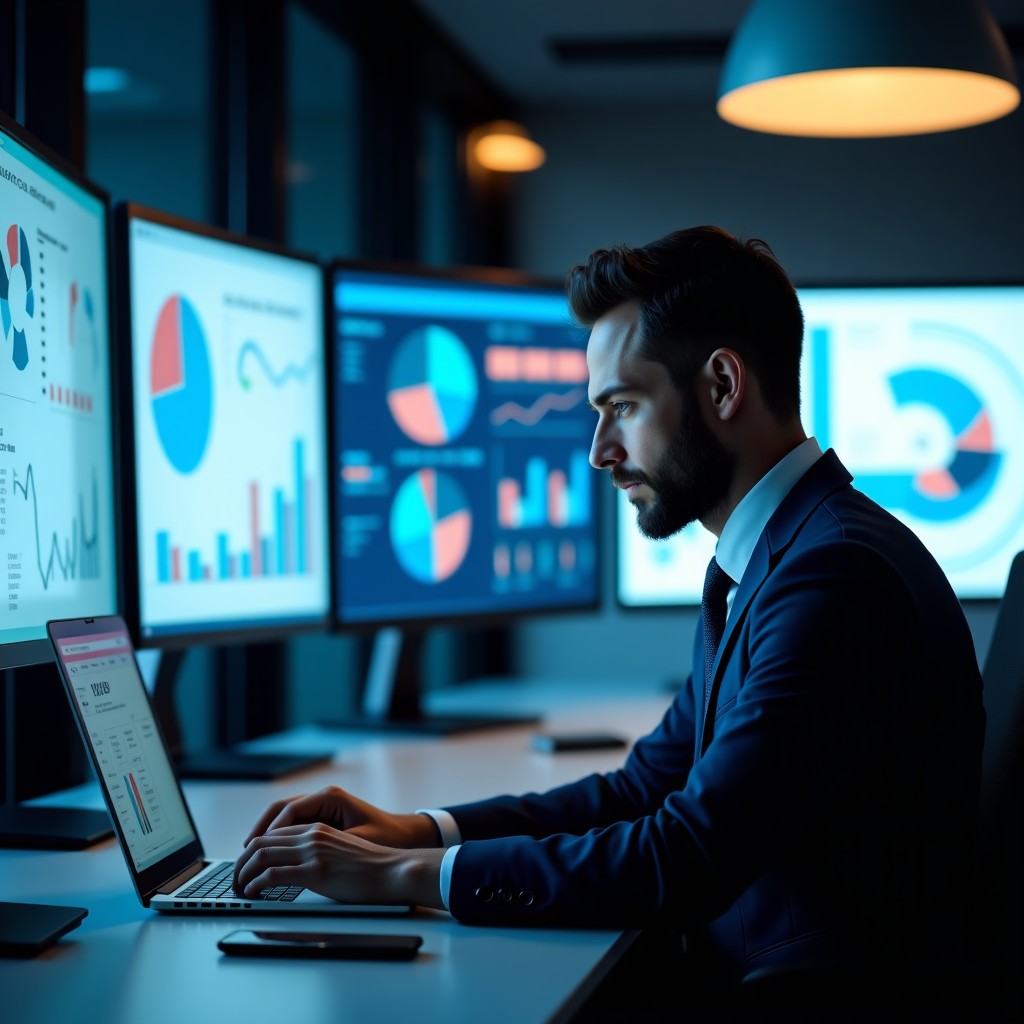 Professional digital marketing specialist working on a modern laptop with diverse charts in the background, cinematic office atmosphere, 4:3 aspect ratio.