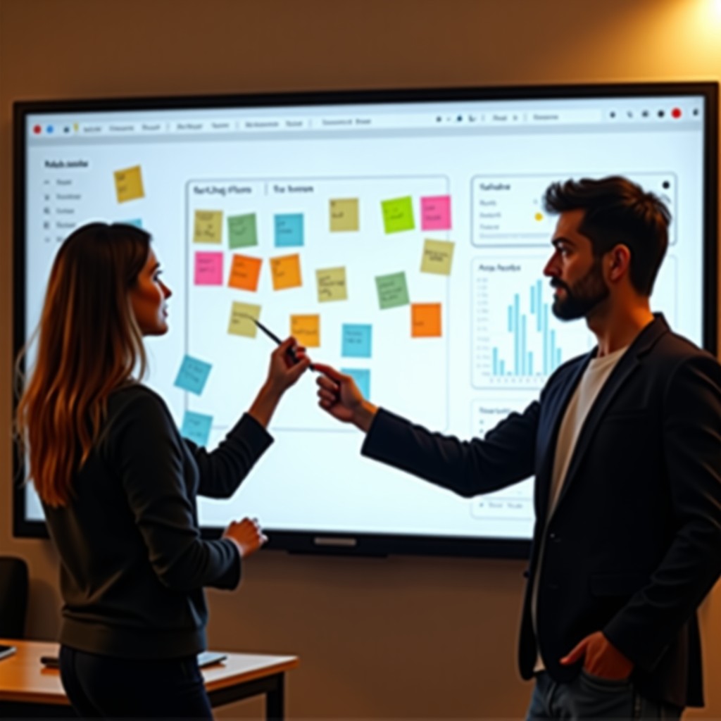 A creative team brainstorming on a whiteboard with scattered sticky notes and digital analytics on a screen in the background, warm and productive atmosphere, 4:3 aspect ratio.
