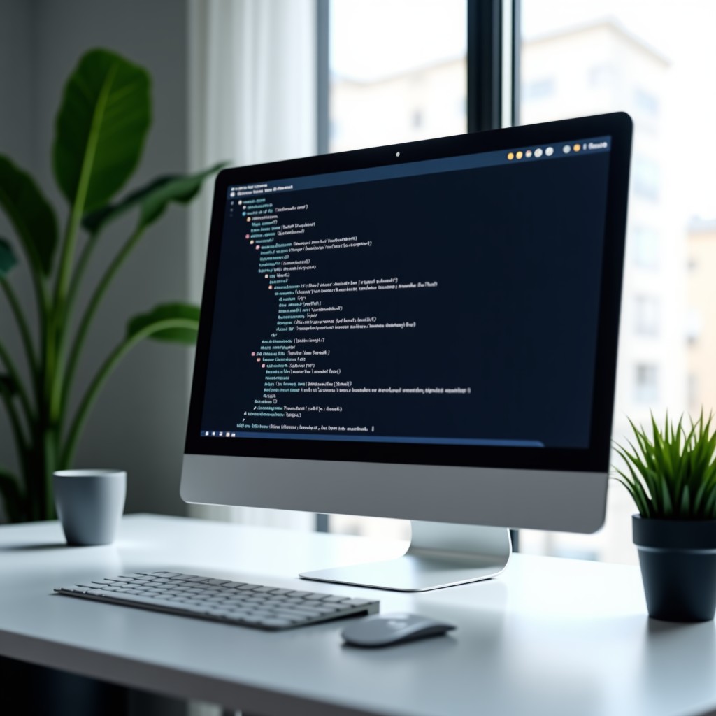 A minimalist workspace with a computer monitor showing lines of code and a digital assistant interface, professional and focused, 1:1