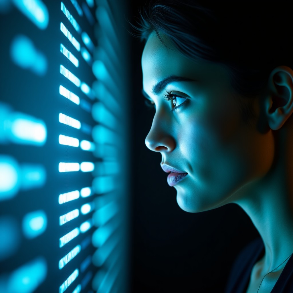 Close-up of a high-tech glowing interface reflecting on a person's face in a dimly lit modern office, realistic style, cinematic lighting, moody atmosphere, 4:3.