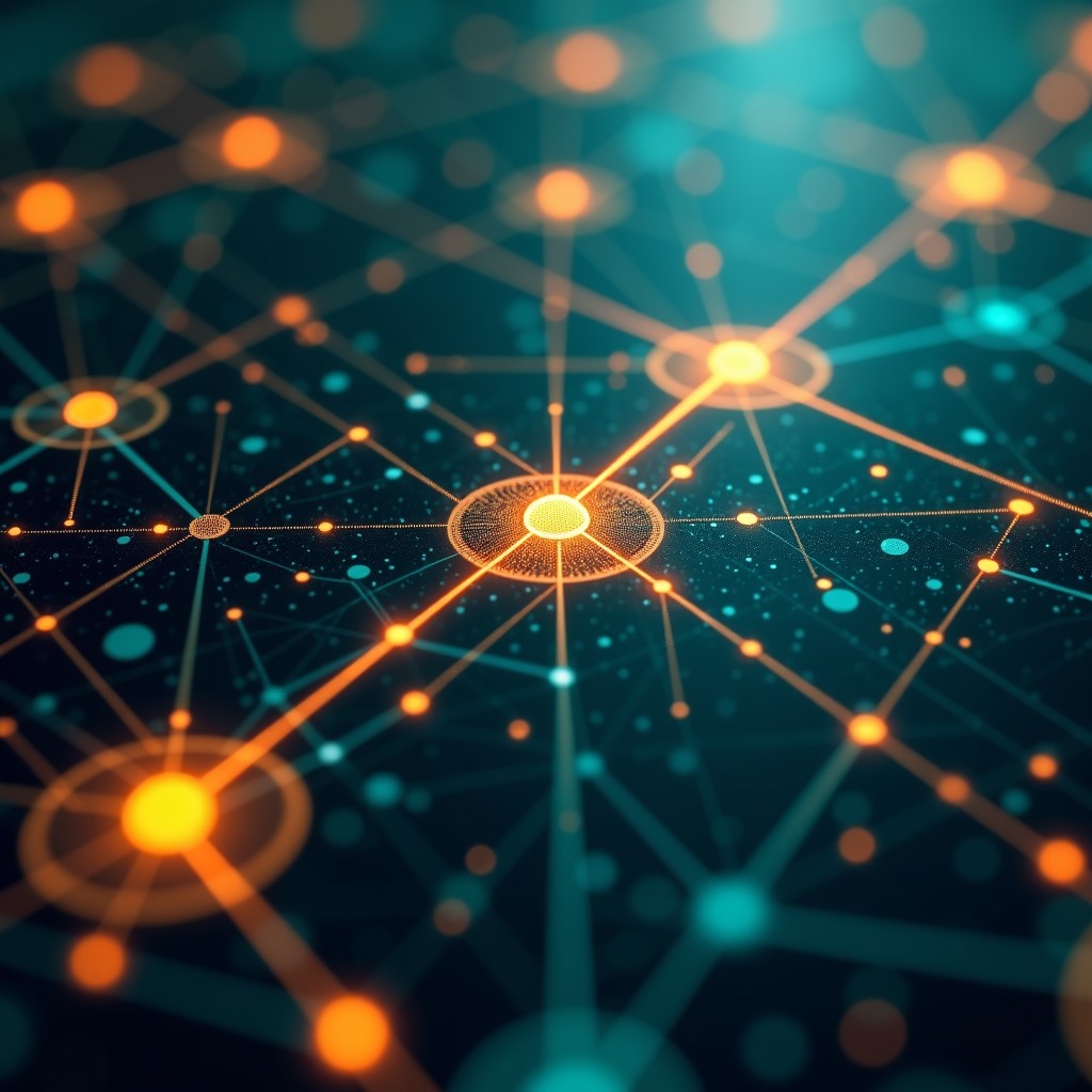 Abstract representation of digital neural pathways connecting in a complex grid, warm amber and cool teal lighting, futuristic and sophisticated texture, 4:3.