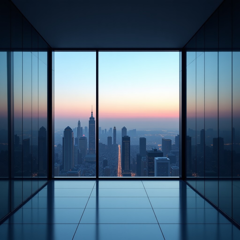Modern glass-walled corporate office interior with a view of a city skyline at dusk, professional atmosphere, minimalist design, 4:3 aspect ratio.