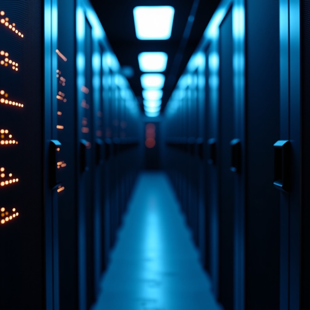 Close-up of server rack lights blinking in a dark room, high technology data processing concept, sharp focus, 4:3 aspect ratio.
