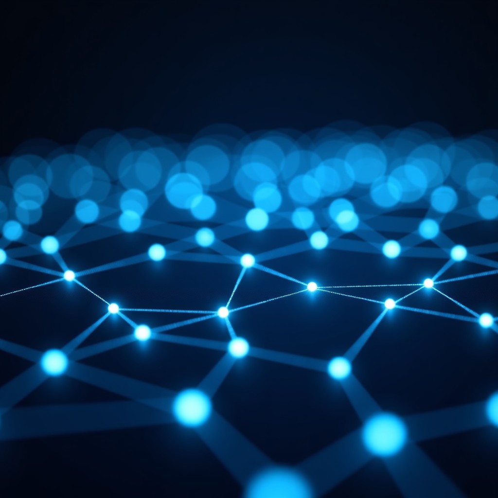 Abstract representation of a connected network glowing with blue and white lines on a dark background, high resolution, 4:3 aspect ratio.