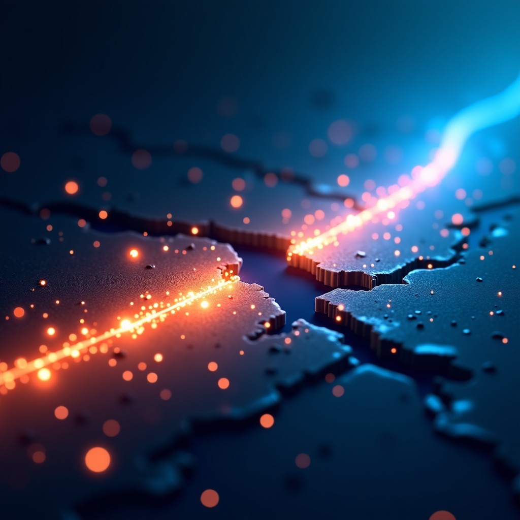 A conceptual image showing a broken digital bridge made of light, abstract data streams falling apart in the background, sharp focus, vibrant blue and orange gradient, 4:3 aspect ratio