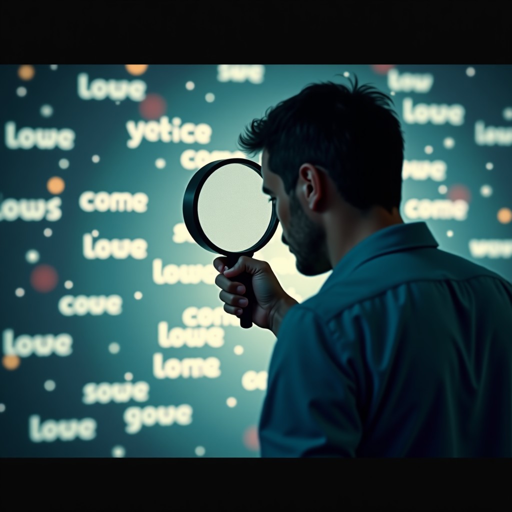 A researcher looking through a magnifying glass at a sea of floating text particles, cinematic depth of field, warm light, professional atmosphere, 4:3 aspect ratio