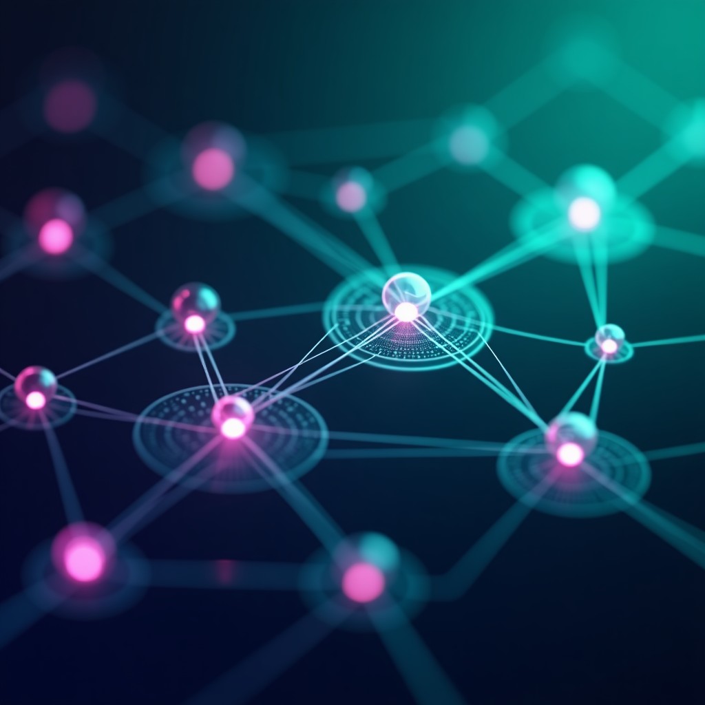 An abstract visual representation of data ethics, glowing geometric shapes and interconnected nodes, balanced composition, teal and purple color palette, 4:3 aspect ratio