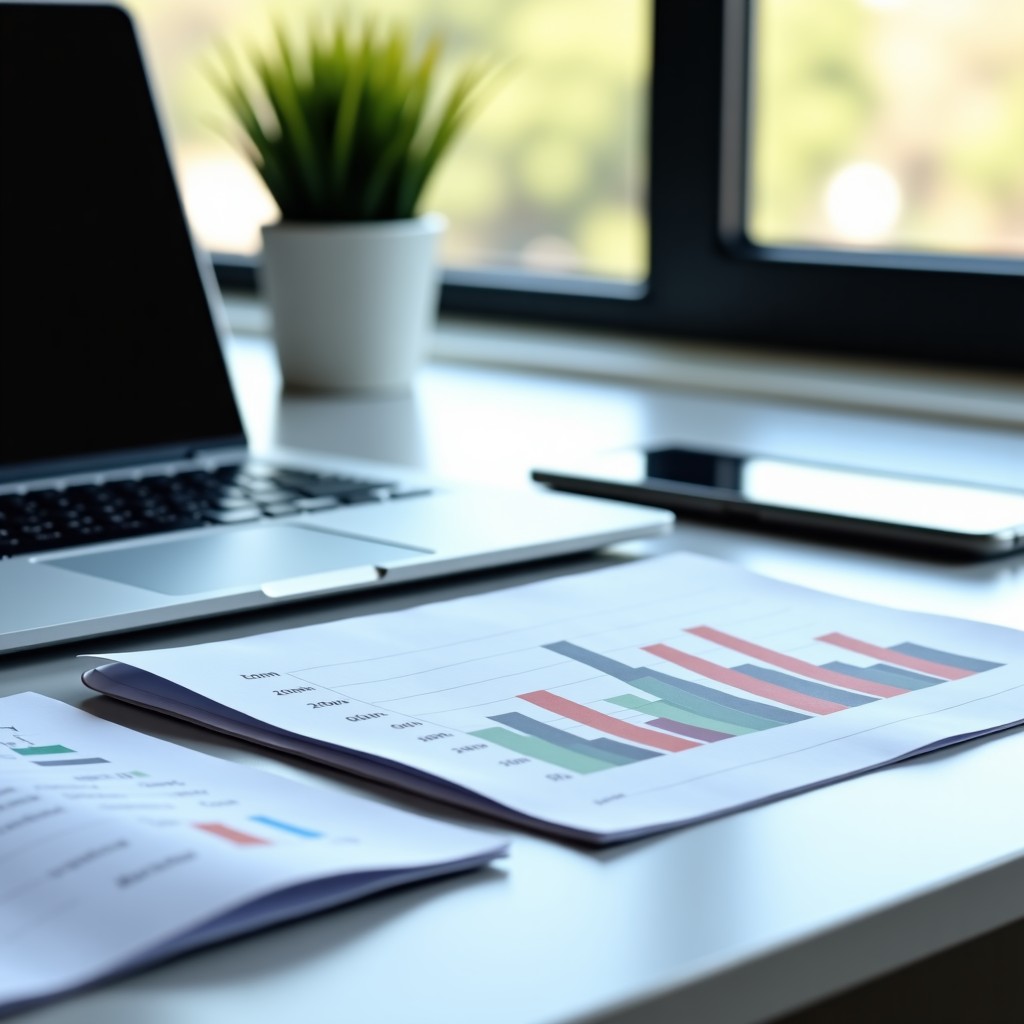 A flat lay of office stationery next to a laptop displaying comparison charts, modern office aesthetic, bright natural lighting, soft focus background, realistic photography, 4:3 aspect ratio.