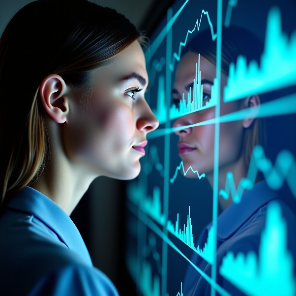 Close up of a professional analyst looking at digital data trends on a screen, selective focus, natural skin tones, professional office lighting, modern technology, 4:3 aspect ratio.