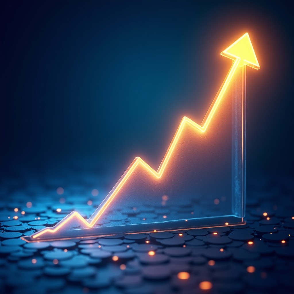 A symbolic image of growth and success in digital marketing, glowing abstract lines, blue and gold color palette, high tech, futuristic office vibe, 16:9 aspect ratio.