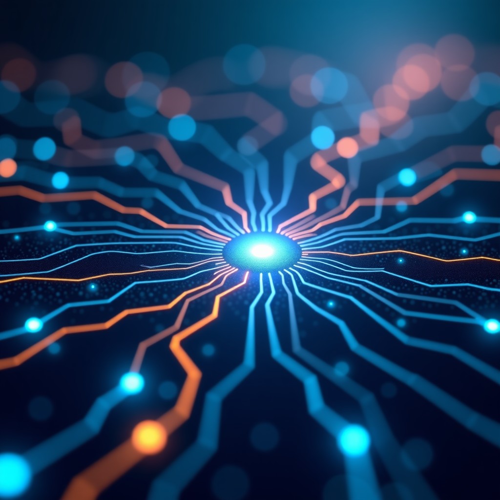 Abstract representation of AI data streams and futuristic network connections with blue and gold lighting, high-tech industrial aesthetic, 4:3 aspect ratio.