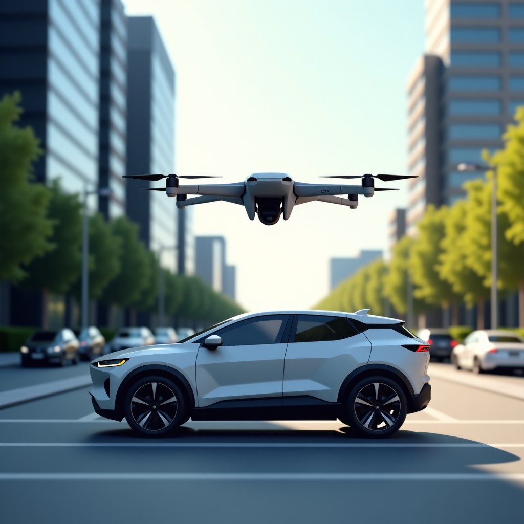 Concept art showing an autonomous vehicle and delivery drone in a modern city environment, sleek design, natural daylight, 4:3 aspect ratio.