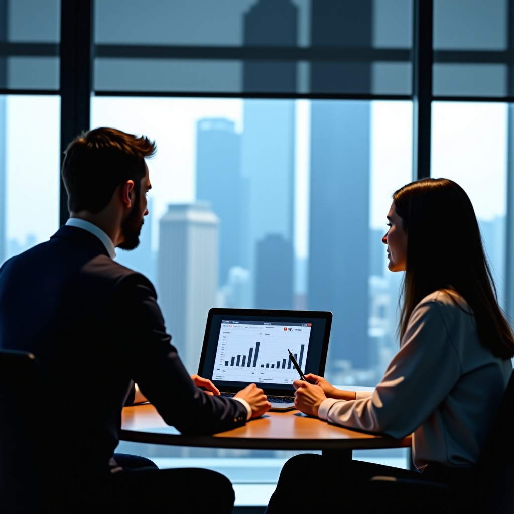 Professional business team analyzing digital metrics in a sophisticated office setting, clean lines, professional atmosphere, 4:3 aspect ratio.