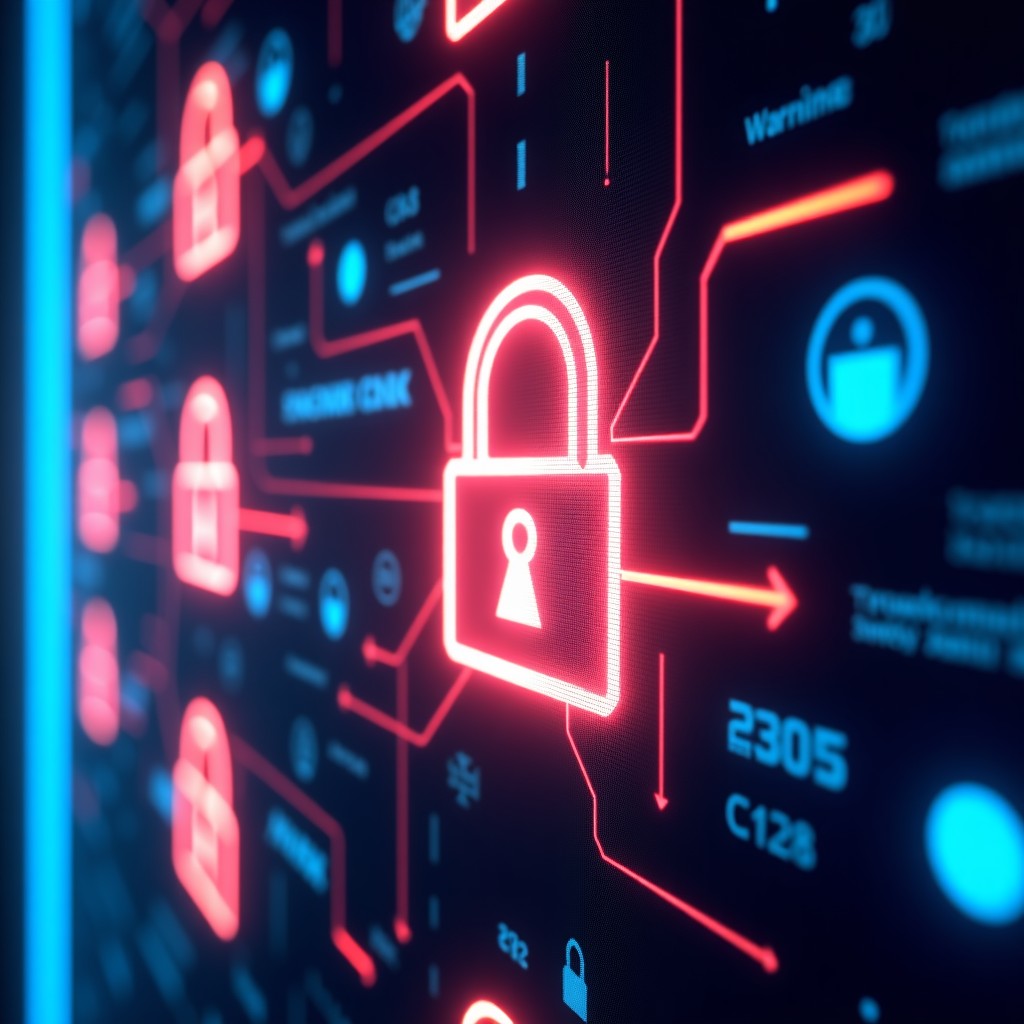 Abstract representation of digital locks and warning signs in a virtual cyber space, neon light effects, sharp focus on security, 4:3 ratio.