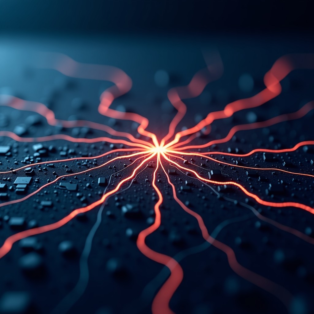 An abstract representation of digital neural networks spreading rapidly across a city map, glowing lines, dark background, conceptual art, 16:9 aspect ratio.