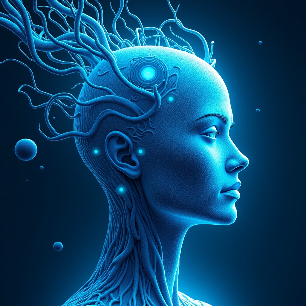 A surreal illustration showing the merging of biological elements and digital circuits, cold blue lighting, intricate details, artistic and philosophical tone, 16:9 aspect ratio.