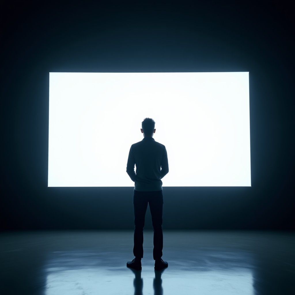A person standing in front of a giant glowing screen in a dark room, questioning the screen, dramatic lighting, high quality photography, 16:9 aspect ratio.
