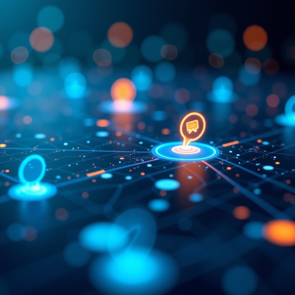 A close up of a glowing digital interface showing chatbot dialogue icons in a professional setting, abstract blue and orange data streams, high tech, clean composition, 4:3 ratio.