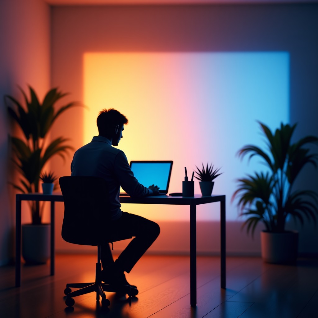 Silhouette of a person working on a creative project in a high-tech illuminated room, representing human-AI collaboration, warm and cool color contrast, artistic depth, 4:3 ratio.