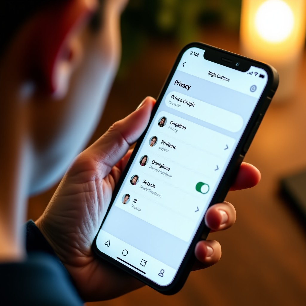 A close-up view of a person adjusting digital privacy settings on a smartphone screen, professional, clean UI, warm lighting, 4:3