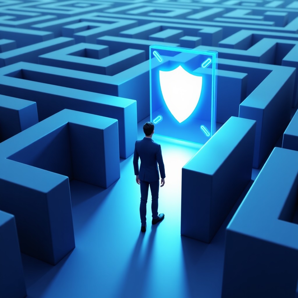 A conceptual illustration of a person walking through a digital maze, looking at a secure digital shield, artistic style, soft lighting, 4:3