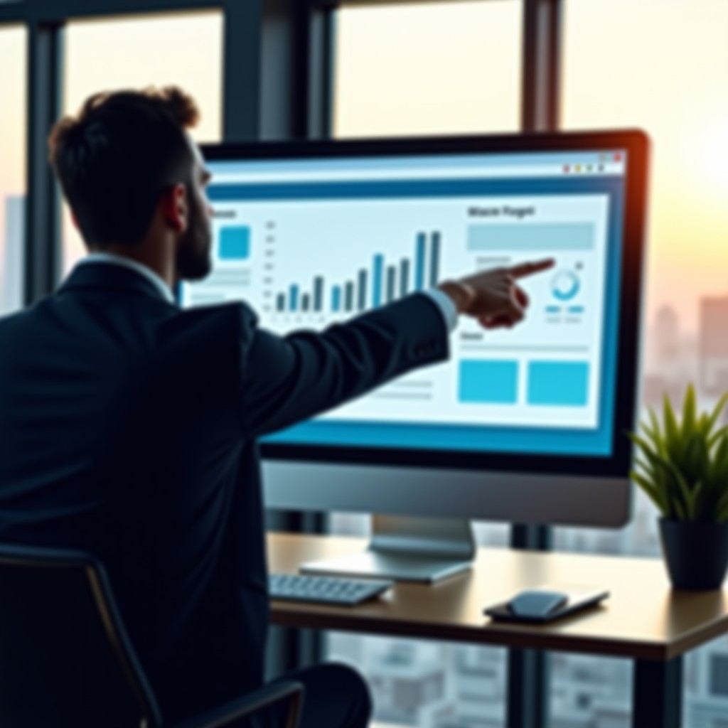 A business professional pointing at a digital monitor with graphical interface for web optimization, bright natural light, realistic office setting, 4:3