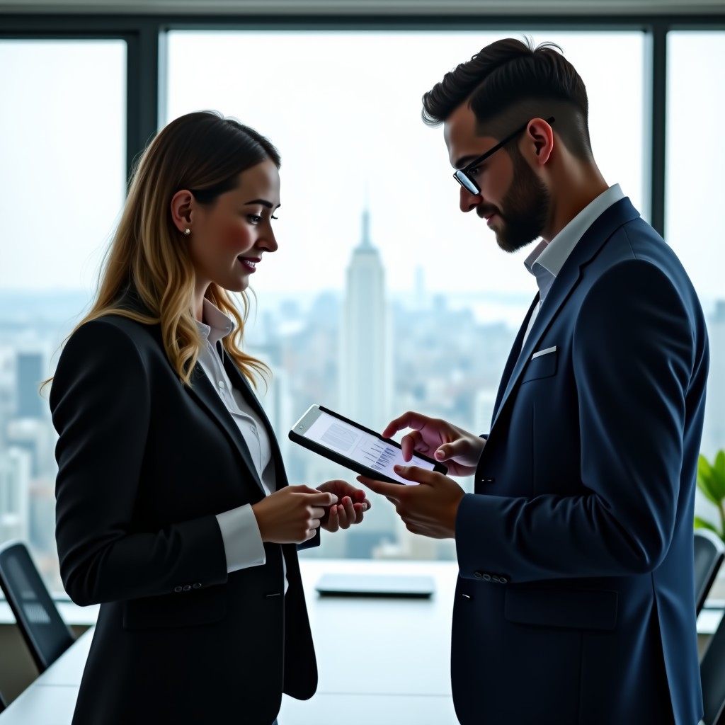 Two colleagues discussing analytics on a tablet screen in a bright minimalist office, high quality photography, professional look, 4:3