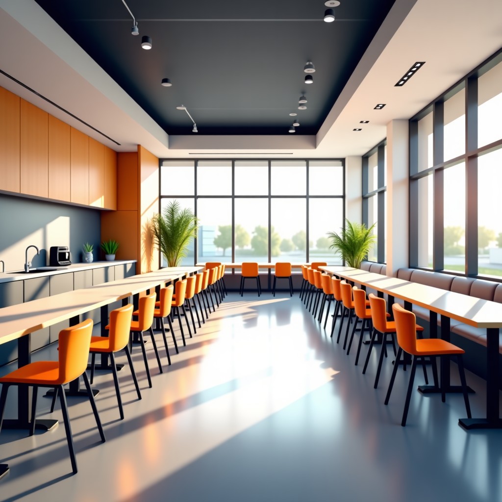 Modern interior of a workforce housing cafeteria with clean design and professional dining atmosphere, bright lighting, realistic style, 4:3