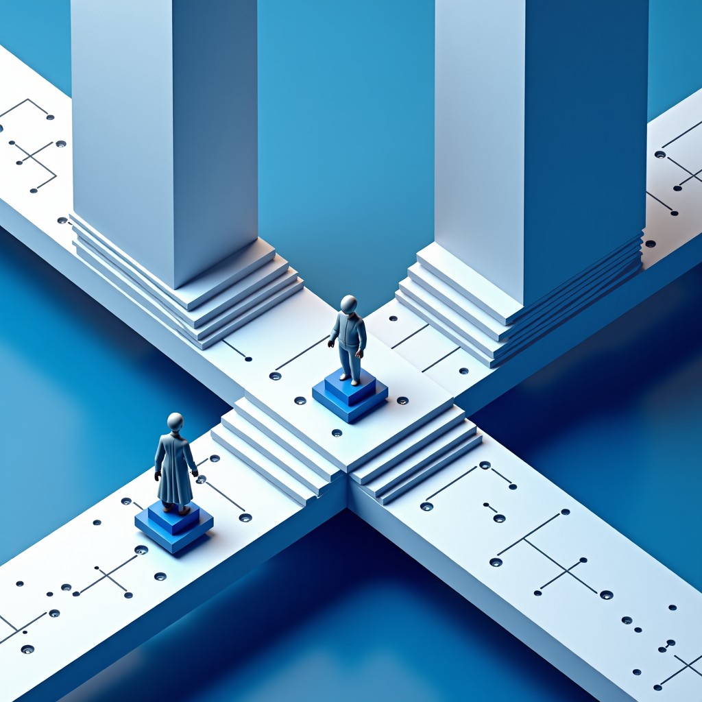 Digital artwork representing the intersection of complex legal contracts and advanced technological architecture, isometric view, 4:3 aspect ratio.