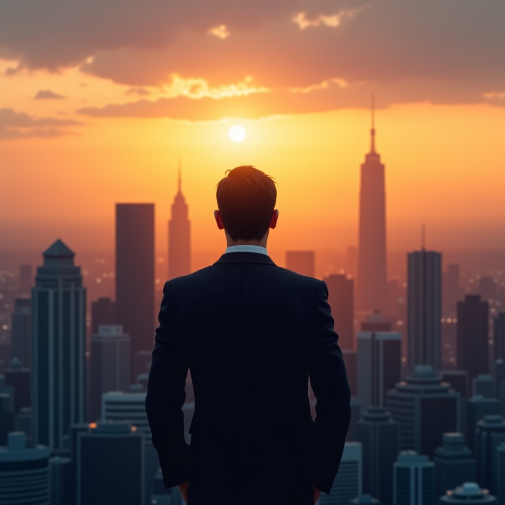 A silhouette of a business person looking at a sprawling city skyline at sunset, thoughtful atmosphere, modern and clean style, 4:3 aspect ratio.