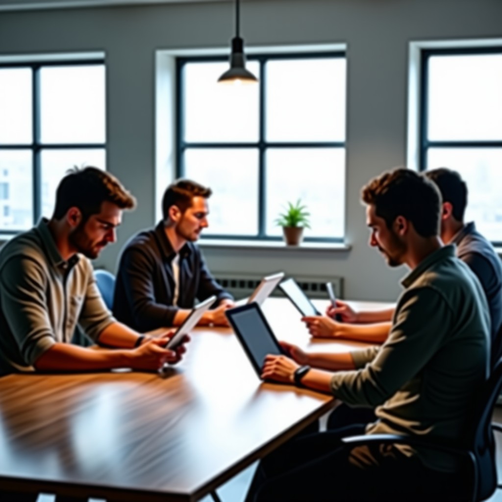 Creative startup office environment with collaborative colleagues looking at digital tablets, natural light, clean workspace, 4:3 ratio.