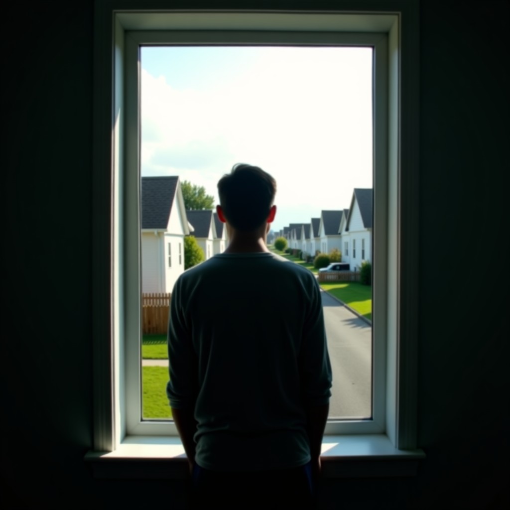 A person looking out of a window toward a quiet suburban neighborhood, thoughtful atmosphere, soft natural light, cinematic, 4:3 aspect ratio.