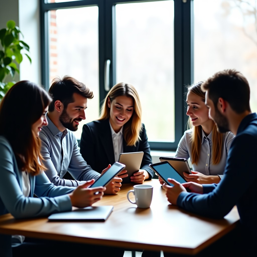 Diverse team having a meeting in a bright workspace, looking at digital tablets with professional business atmosphere, natural lighting, realistic photography, 4:3 aspect ratio.