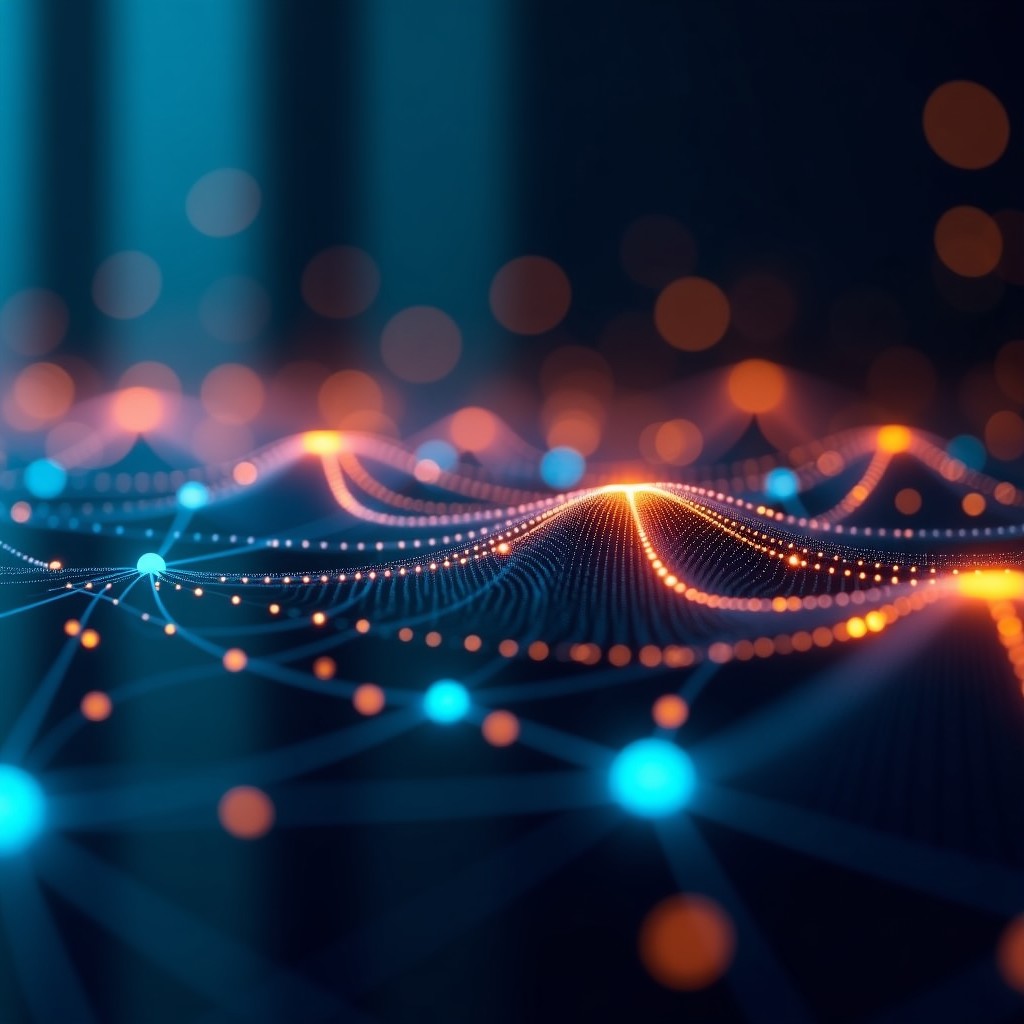 Intricate glowing data network visualization in a dark room representing modern technology and analytical precision, cinematic, high detail, 4:3 aspect ratio.