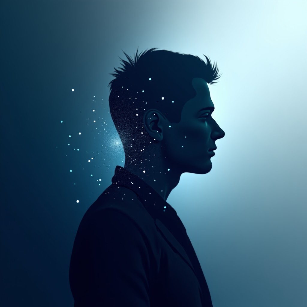 An abstract representation of data points converging into a person's digital profile, sleek blue and grey tones, clean composition, 16:9 aspect ratio.