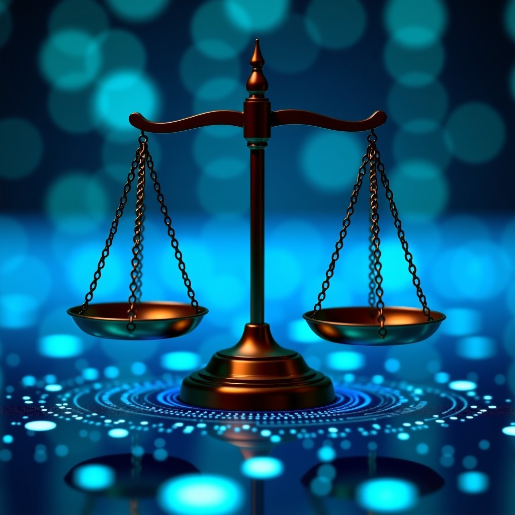 A legal scale sitting on a digital surface with glowing data circuits, symbolizing balance and justice in the technology era, sharp focus, 16:9 aspect ratio.